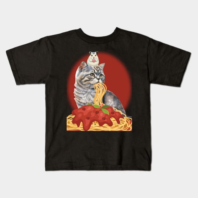 CUTE CAT EATING SPAGHETTI WITH GRATEFUL HAMSTER HOLDING A HEART Kids T-Shirt by FlutteringWings 